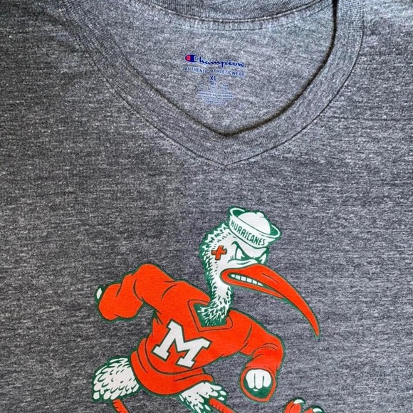 Champion University of Miami Sebastian the Ibis gray v neck tee - size XL - Picture 2 of 3